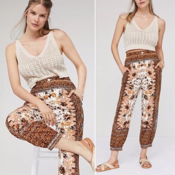 Anthropologie Bohemian Printed Joggers Linen Blend Pants size 8 Resortwear Boho - Picture 1 of 15
